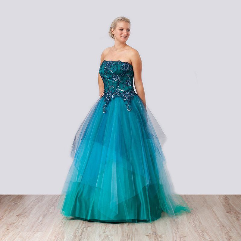 Petrolfarbenes Abendkleid mit Stufentüll und Spitzenoberteil