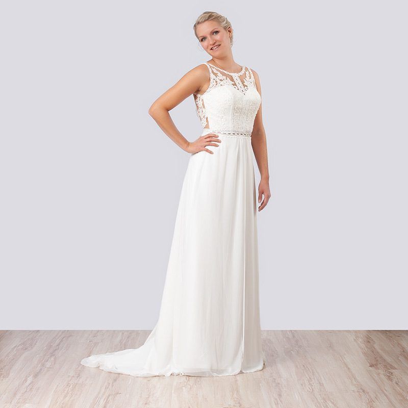 Vintage-Brautkleid aus Chiffon mit Spitzenausschnitt und Strassgürtel
